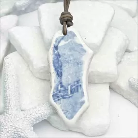 Light Blue and White Vintage Dinnerware Sea Pottery Shard Leather Necklace | #5088