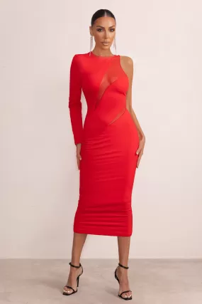 Marya | Red High Neck Asymmetric Mesh Detail Bodycon Midi Dress