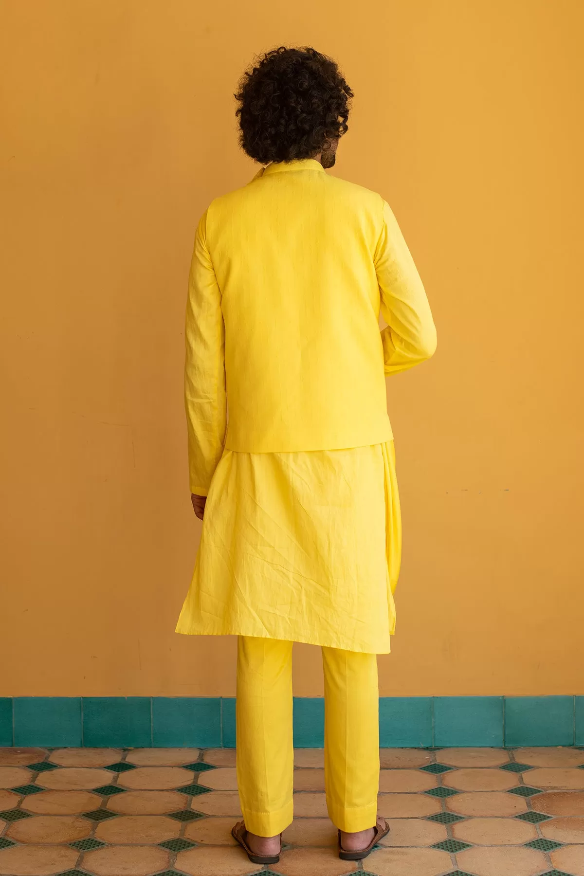 MEHERZAD - Embroidered Organic Cotton Dobby Yellow Nehru Jacket