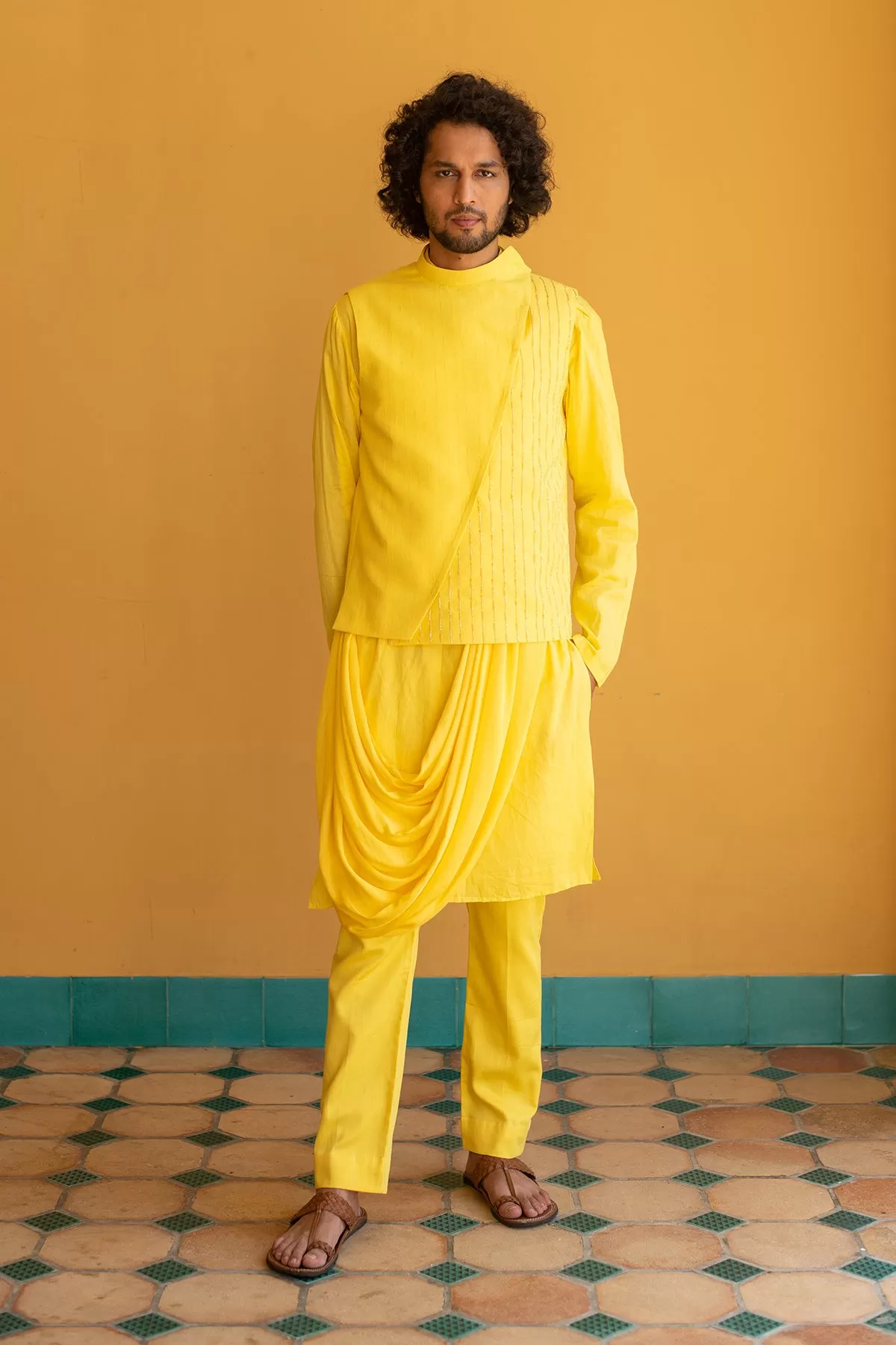 MEHERZAD - Embroidered Organic Cotton Dobby Yellow Nehru Jacket