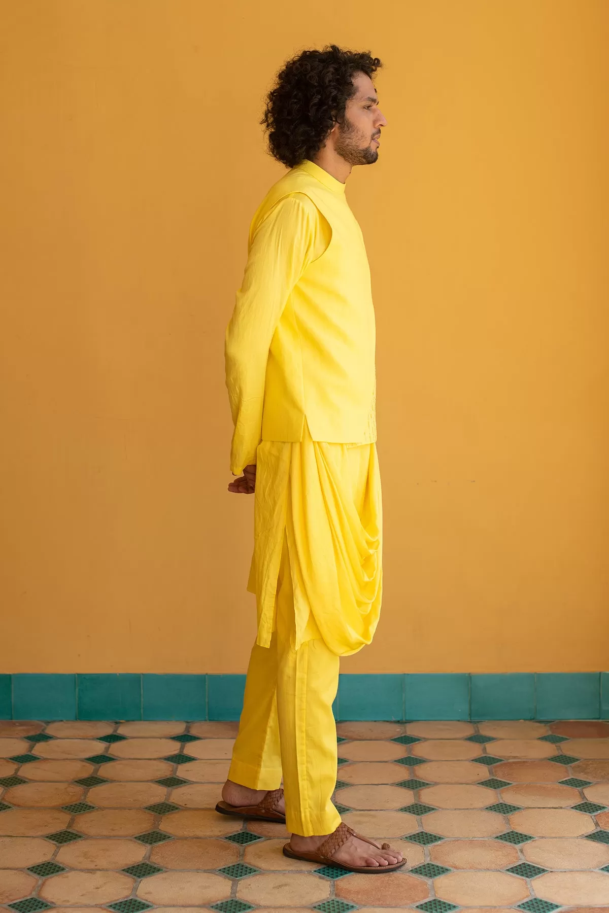 MEHERZAD - Embroidered Organic Cotton Dobby Yellow Nehru Jacket