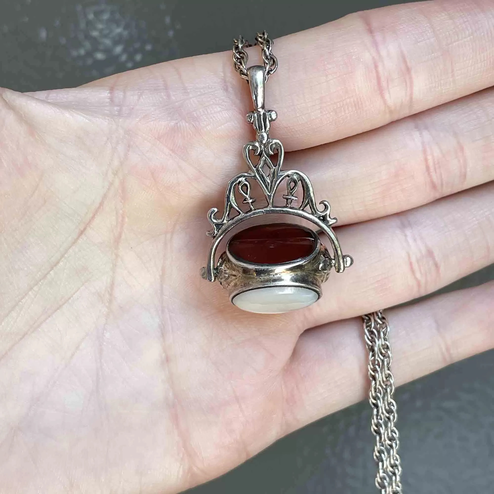 Silver Spinner Carnelian Agate Mother of Pearl Watch Fob Pendant