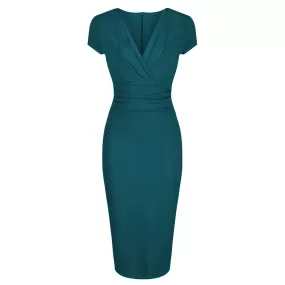 Teal Blue Green Deep V Neck Cap Sleeve Ruched Waist Bodycon Wiggle Dress