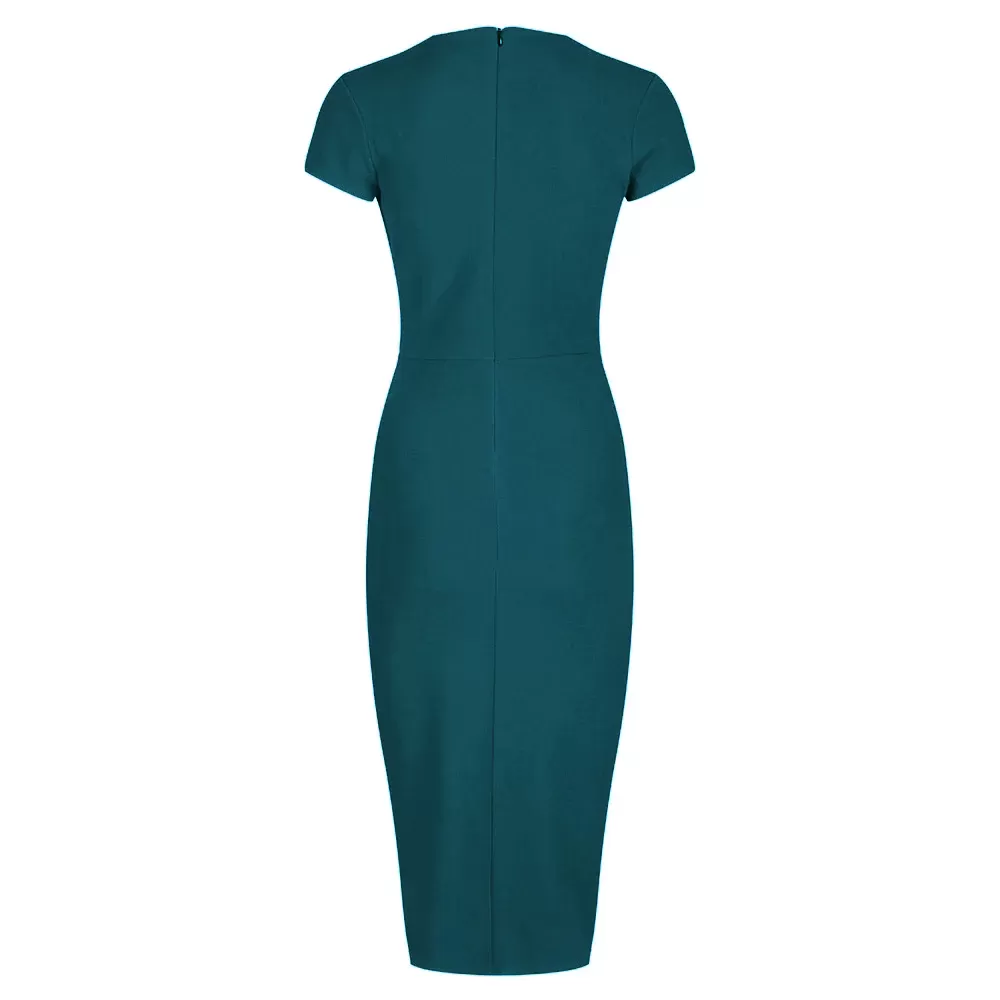 Teal Blue Green Deep V Neck Cap Sleeve Ruched Waist Bodycon Wiggle Dress