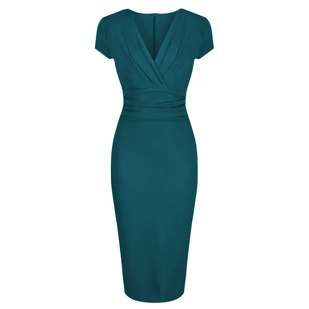 Teal Blue Green Deep V Neck Cap Sleeve Ruched Waist Bodycon Wiggle Dress