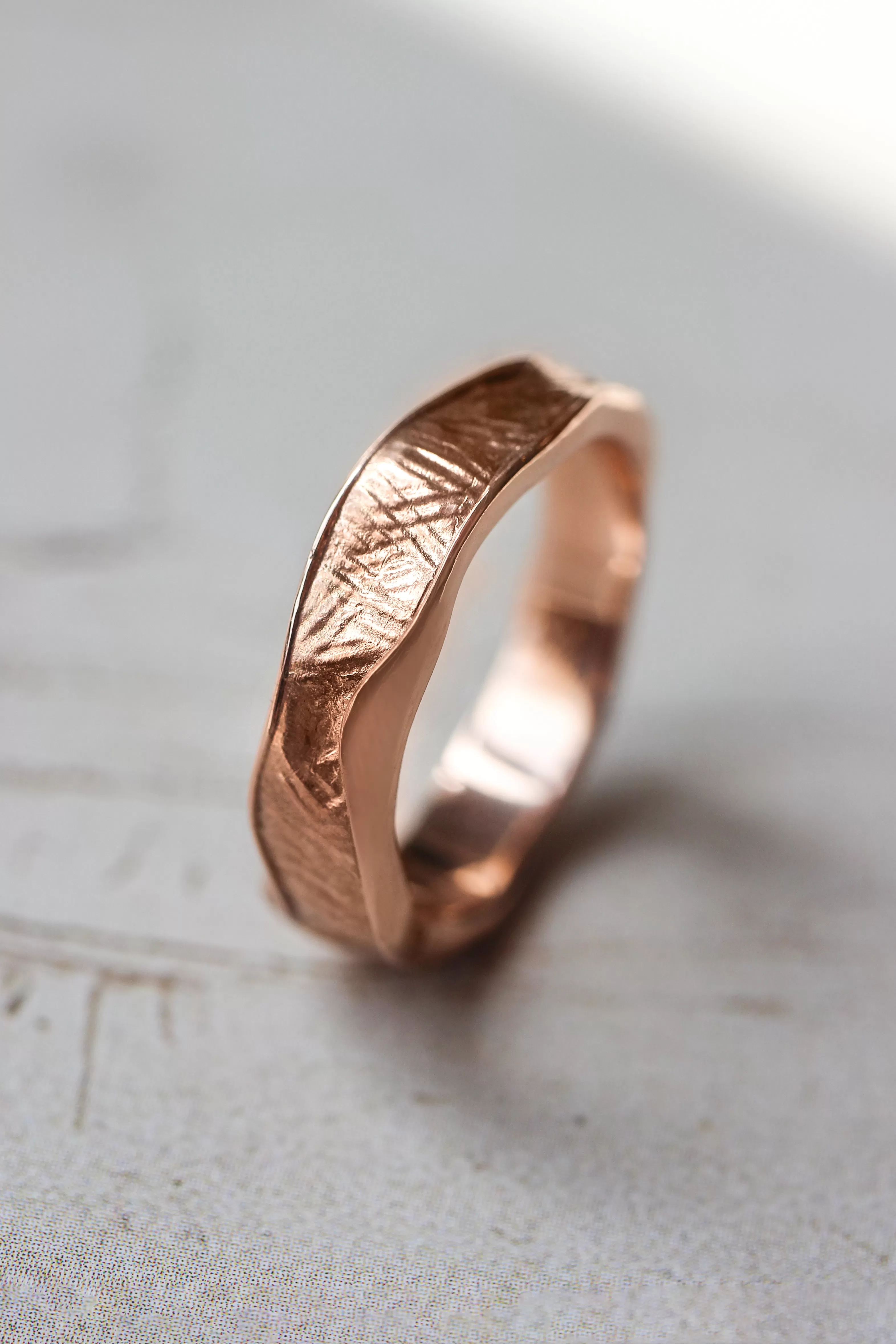 Textured unisex wedding band, melted ring with fabric texture