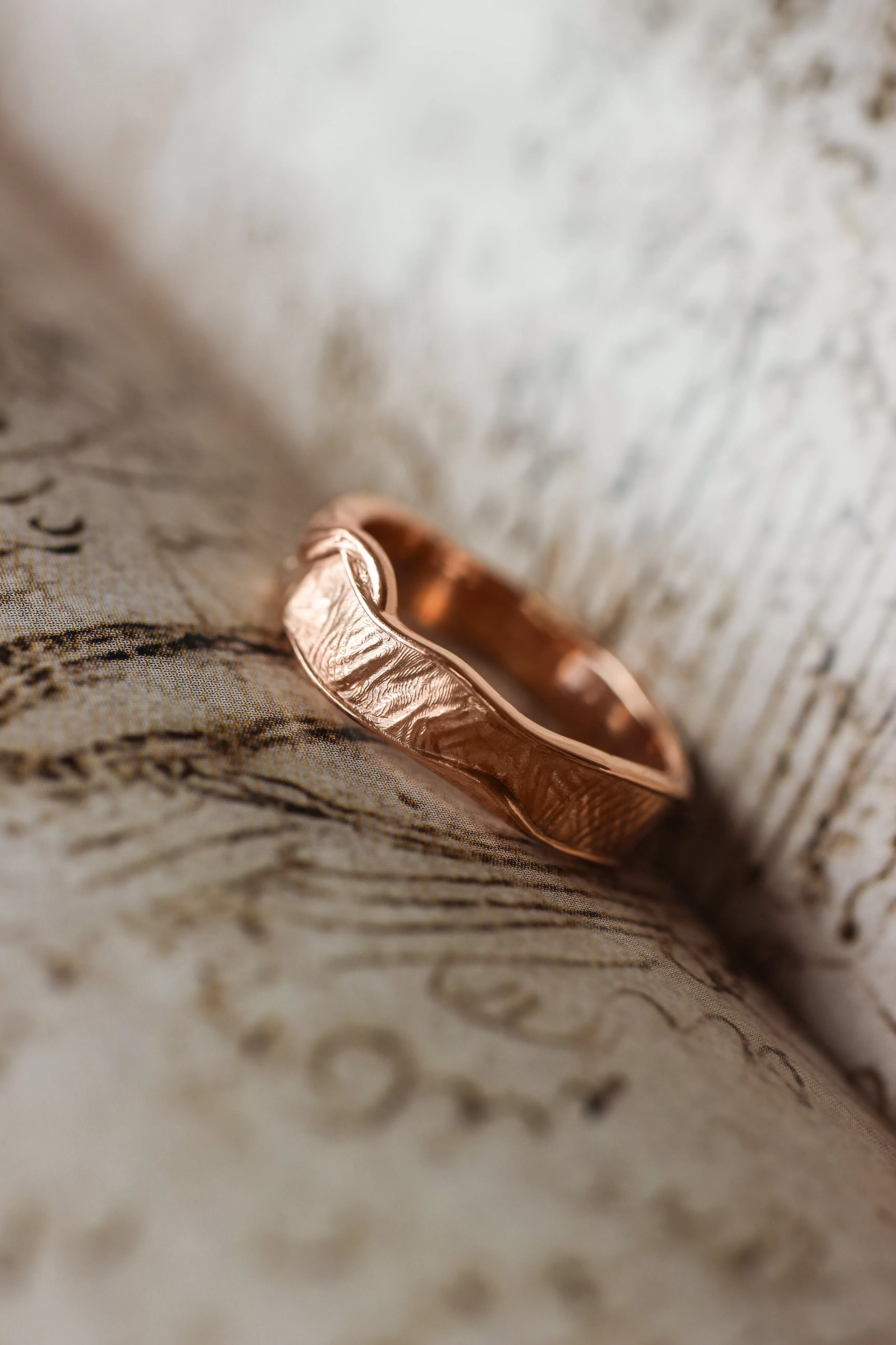 Textured unisex wedding band, melted ring with fabric texture