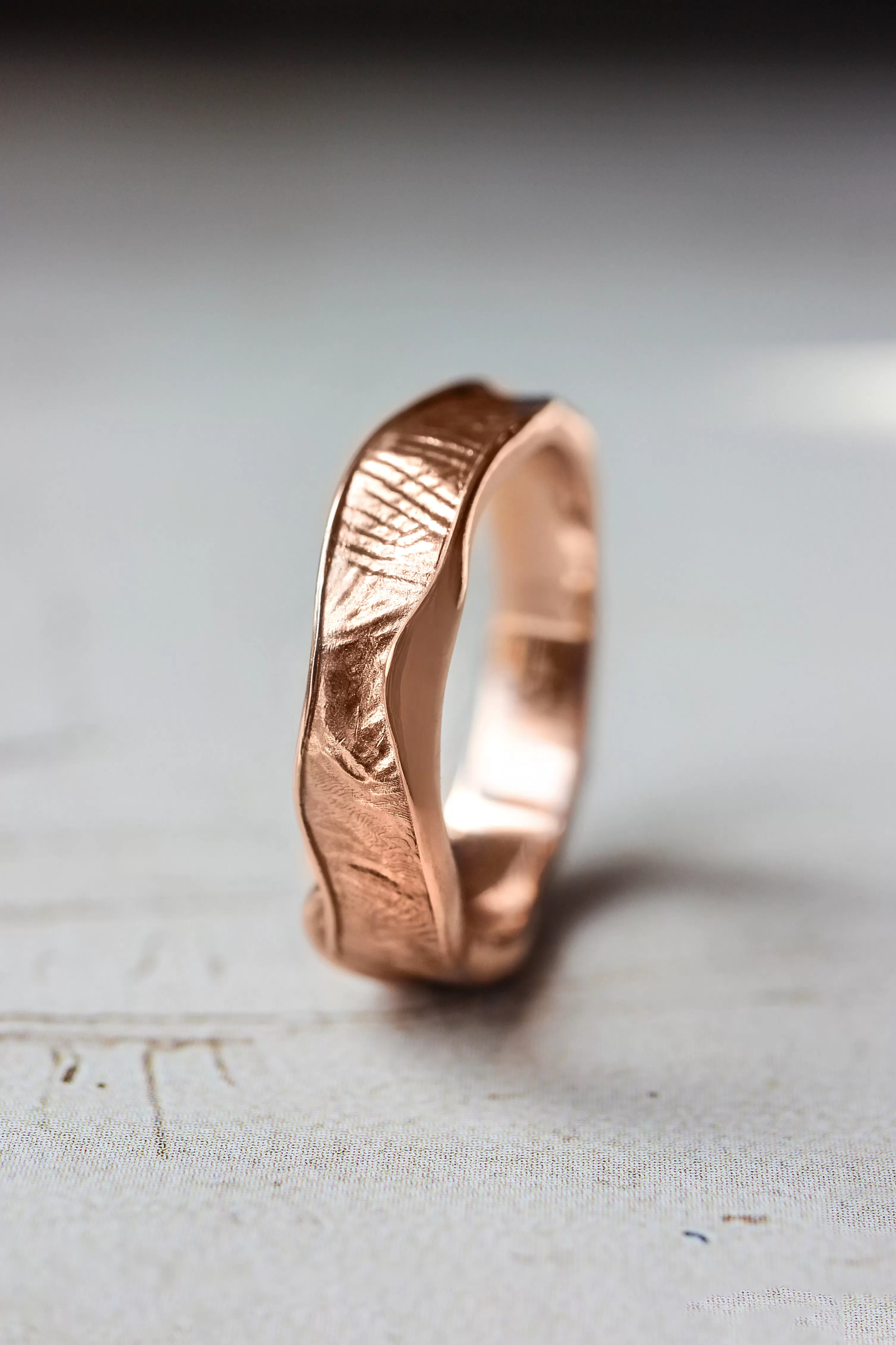 Textured unisex wedding band, melted ring with fabric texture