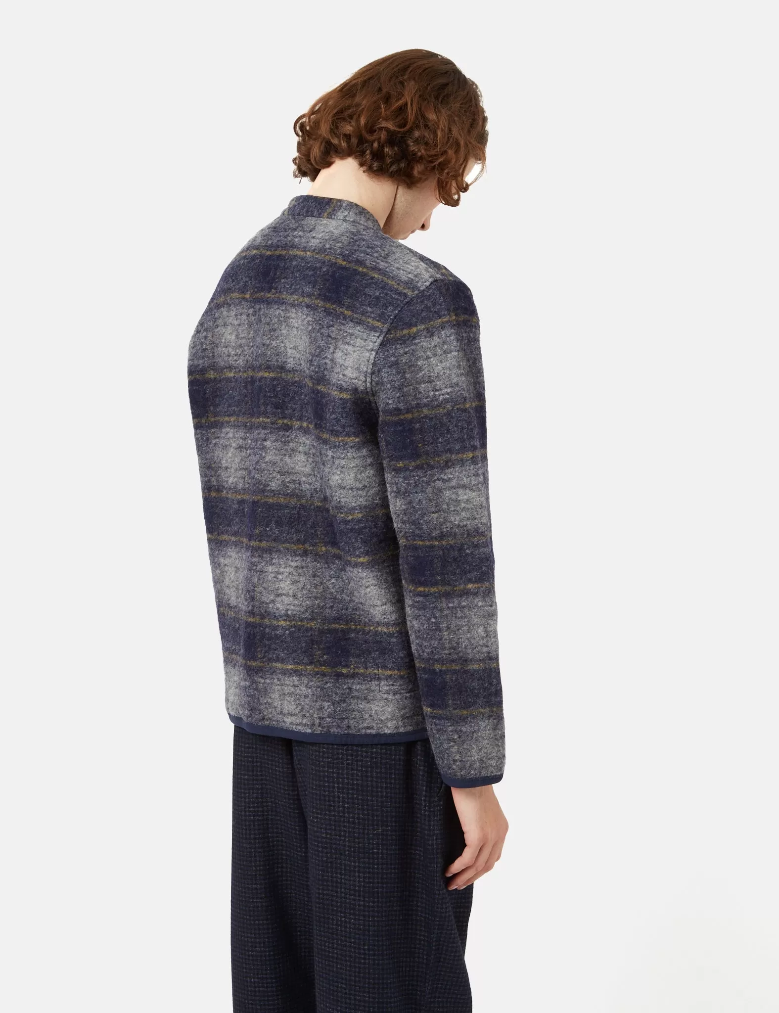 Universal Works Checked Cardigan (Wool Fleece) - Navy Blue