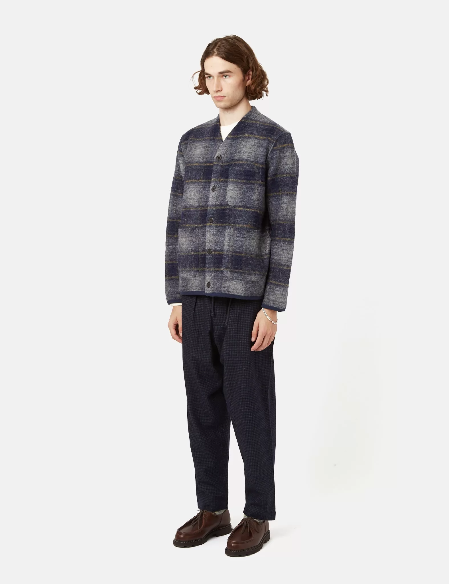 Universal Works Checked Cardigan (Wool Fleece) - Navy Blue