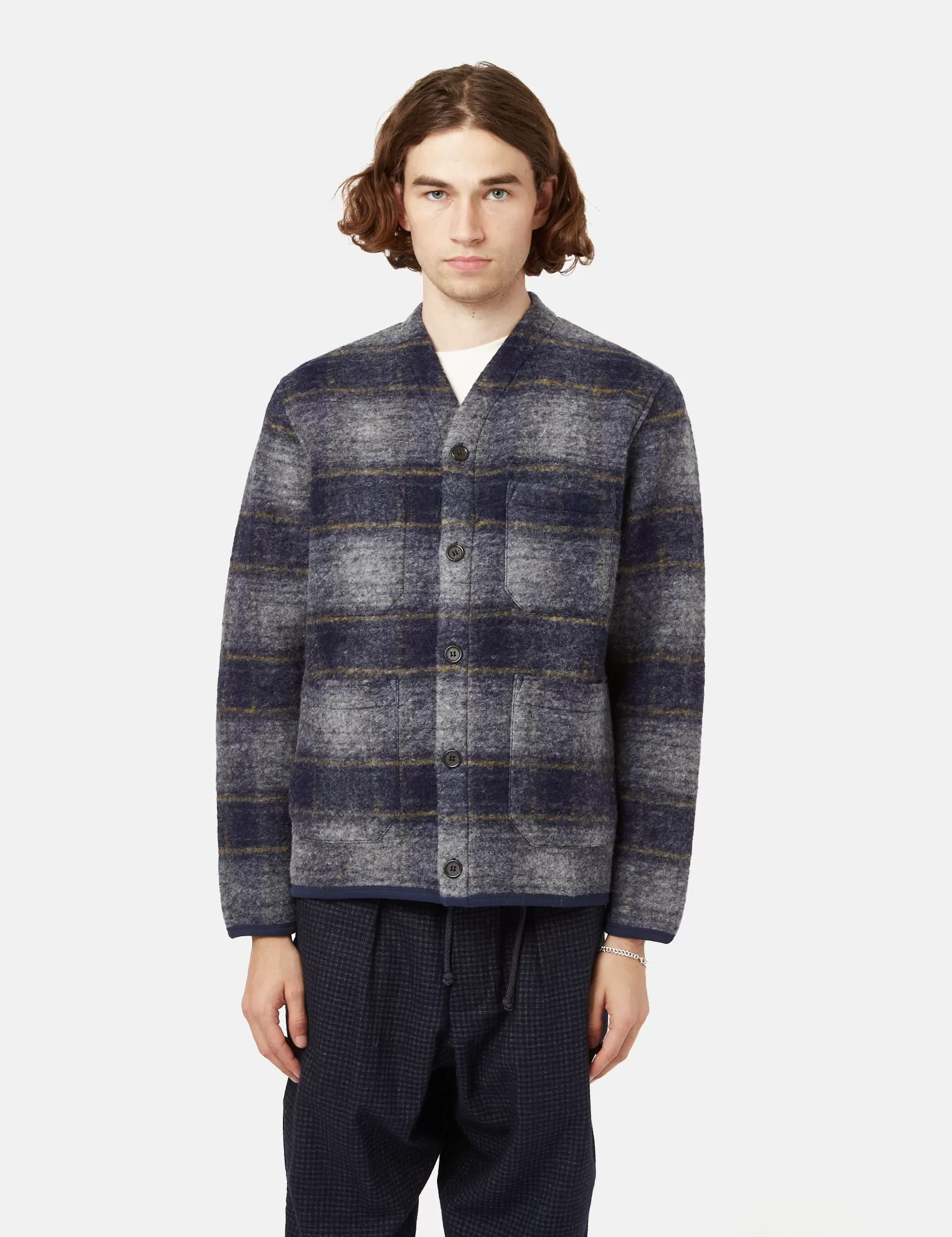 Universal Works Checked Cardigan (Wool Fleece) - Navy Blue