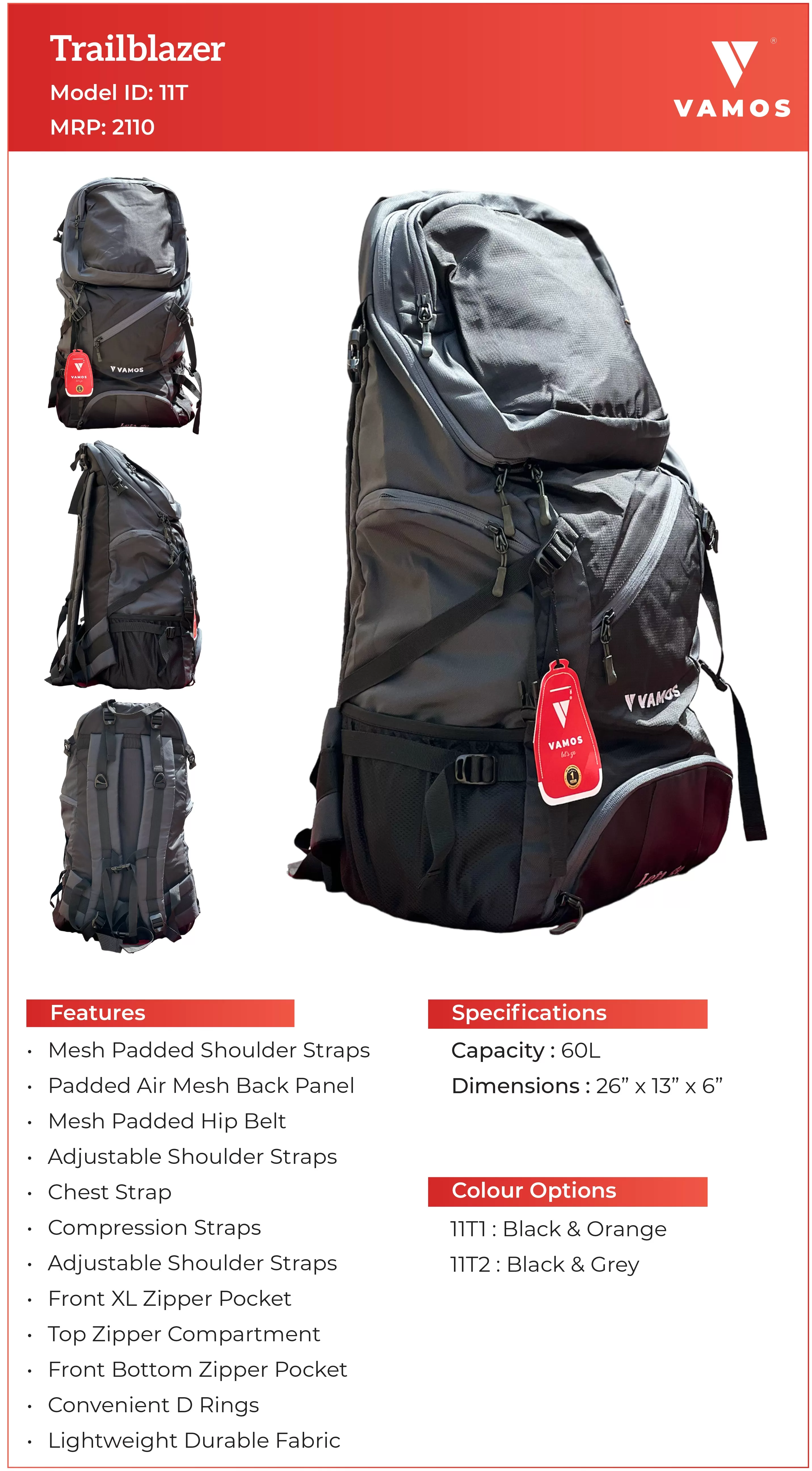 VAMOS Trailblazer Hiking Bag 11T2 - Capacity : 60L