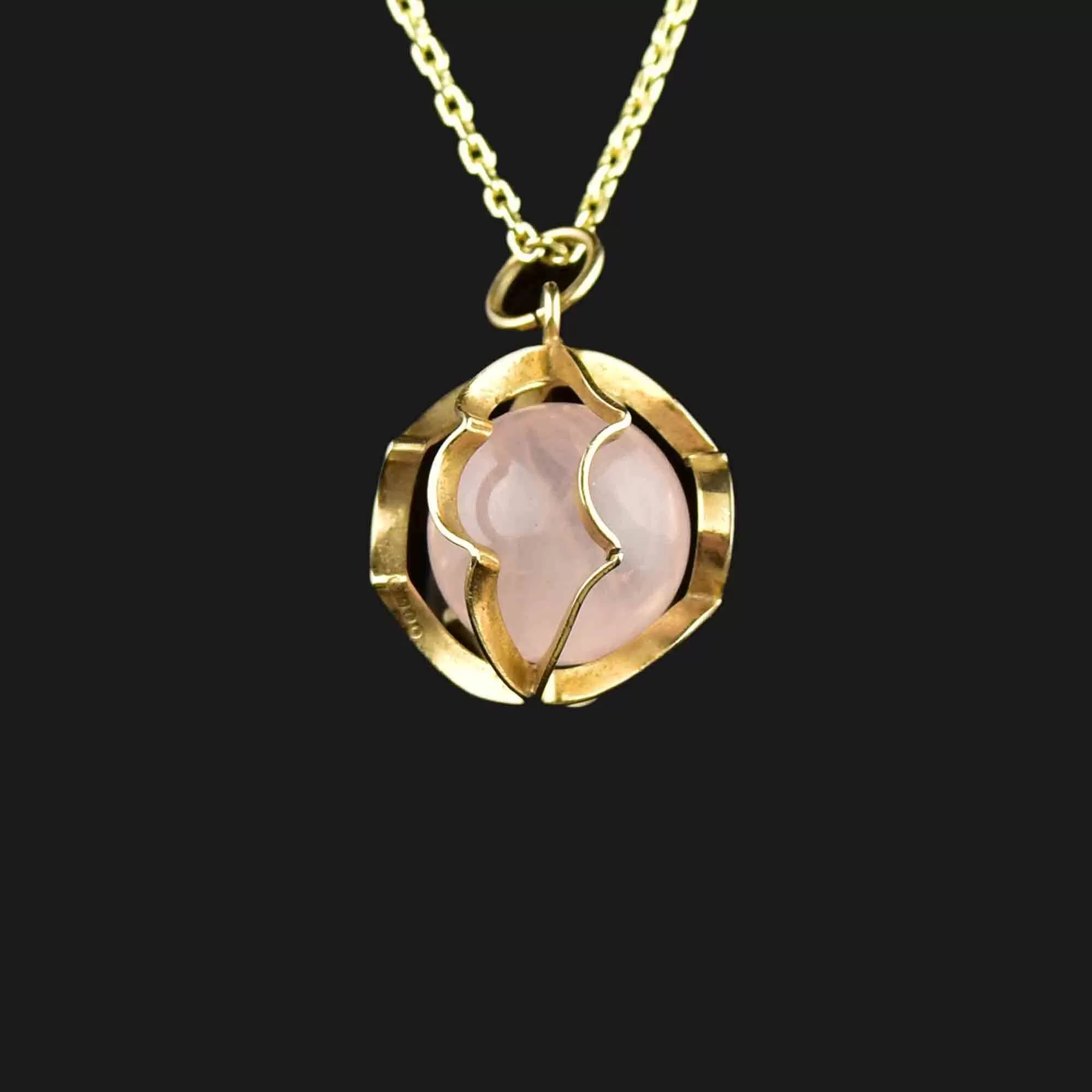 Vintage 9K Gold Rose Quartz Ball Pendant Necklace