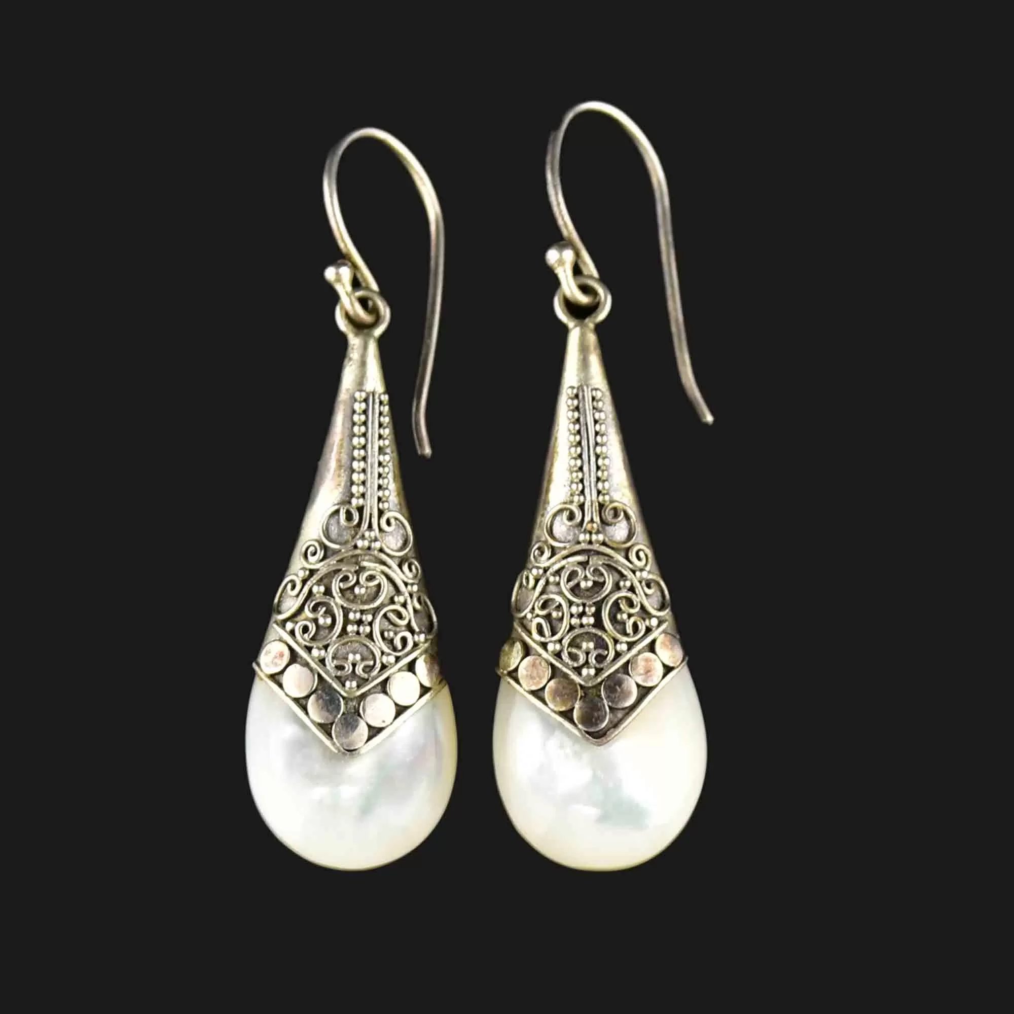 Vintage Carved Silver Mother of Pearl Earrings