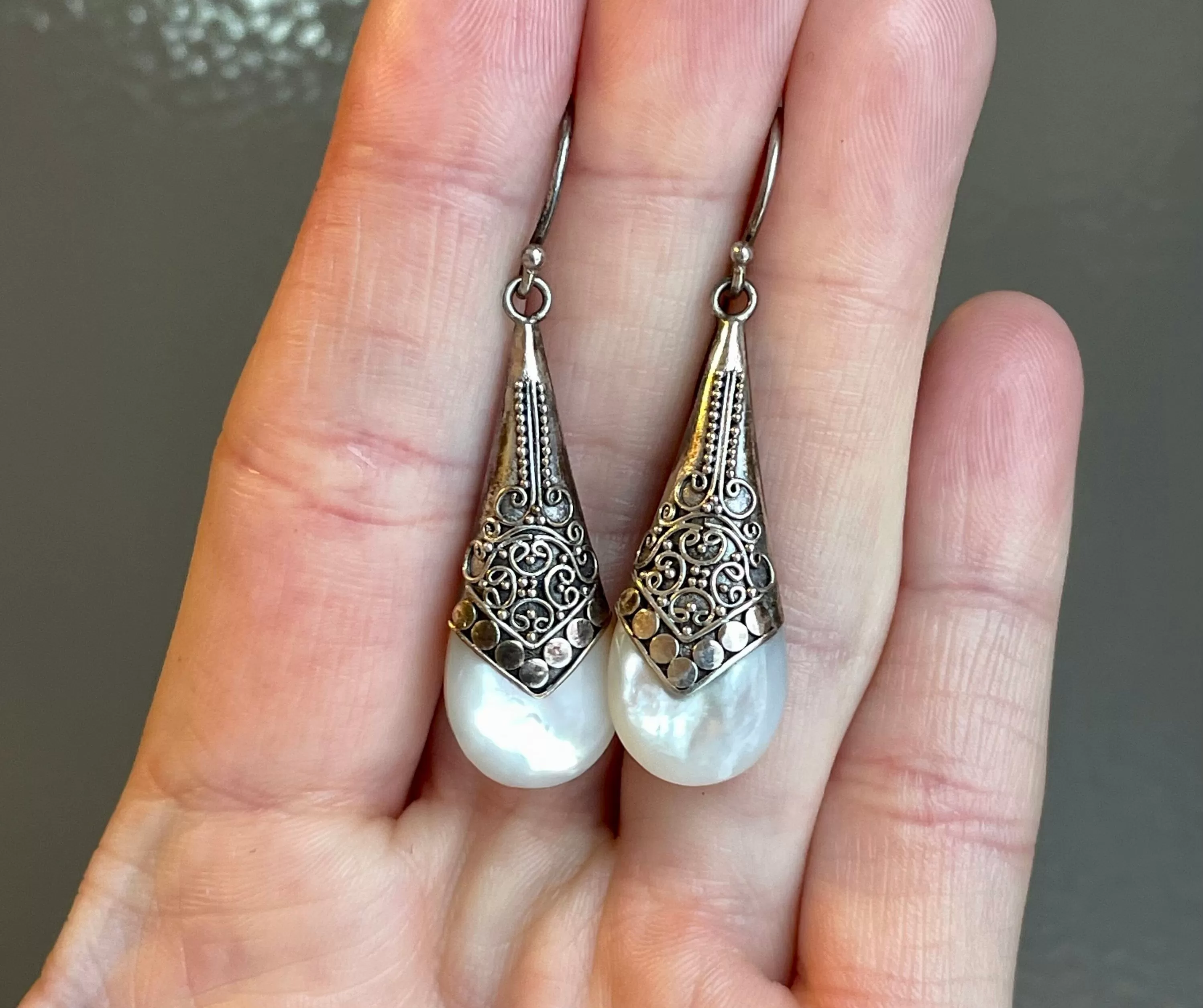 Vintage Carved Silver Mother of Pearl Earrings