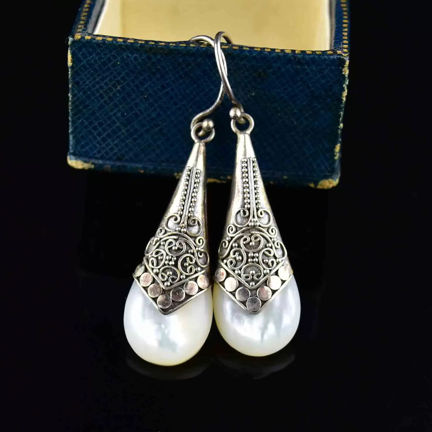 Vintage Carved Silver Mother of Pearl Earrings