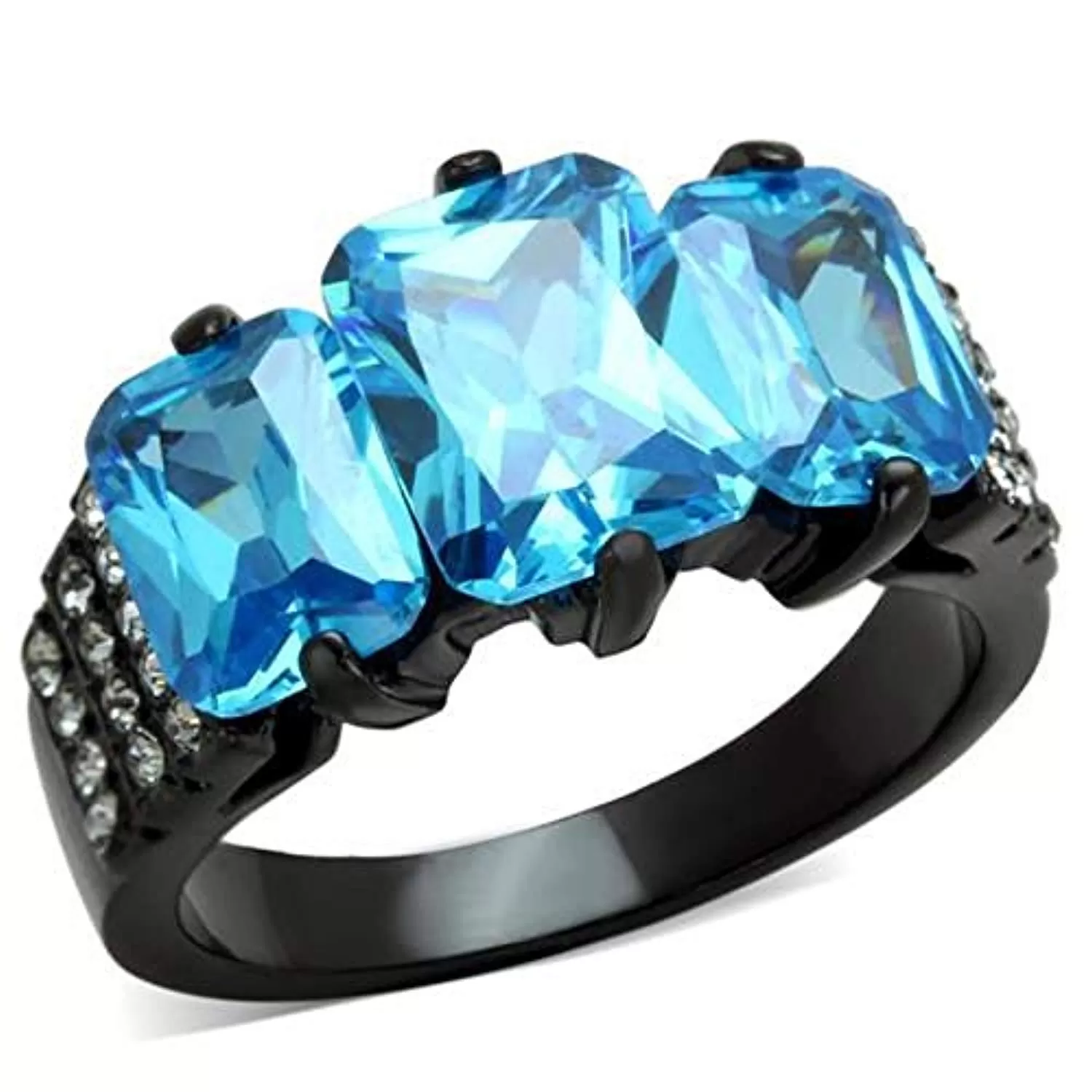 WildKlass Stainless Steel Ring IP Black Women AAA Grade CZ Sea Blue