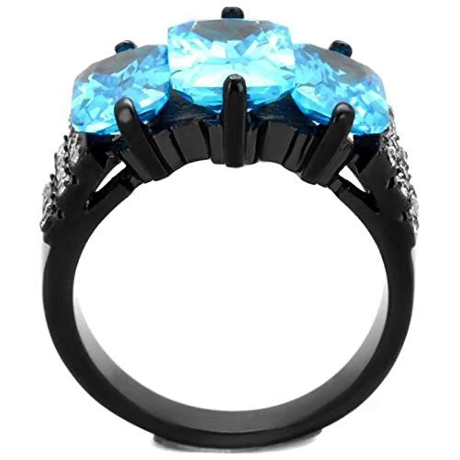 WildKlass Stainless Steel Ring IP Black Women AAA Grade CZ Sea Blue